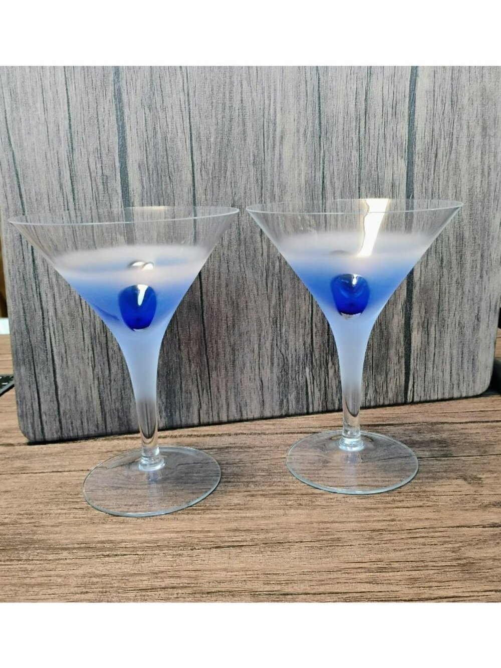 Block Martini Glasses Set Of 2 Frosted Blue Rainy Day Art Glass Barware